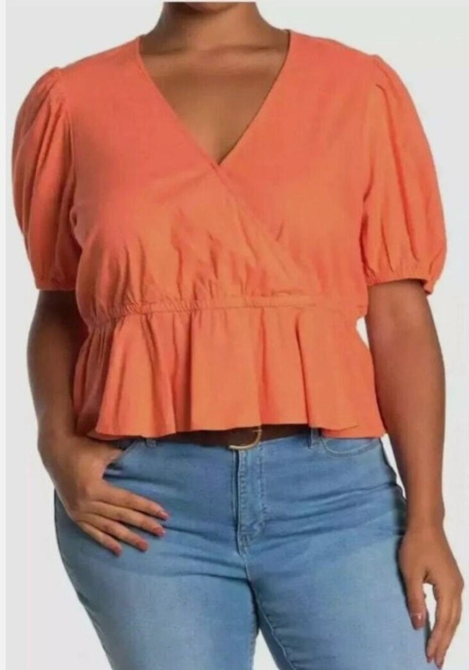 ABOUND Orange Faux Wrap Puff Sleeve Blouse, S, NWOT